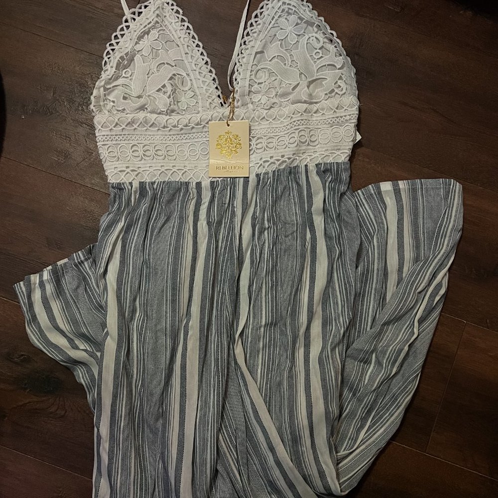 Rebellion Again Romper, White and Blue, Size L